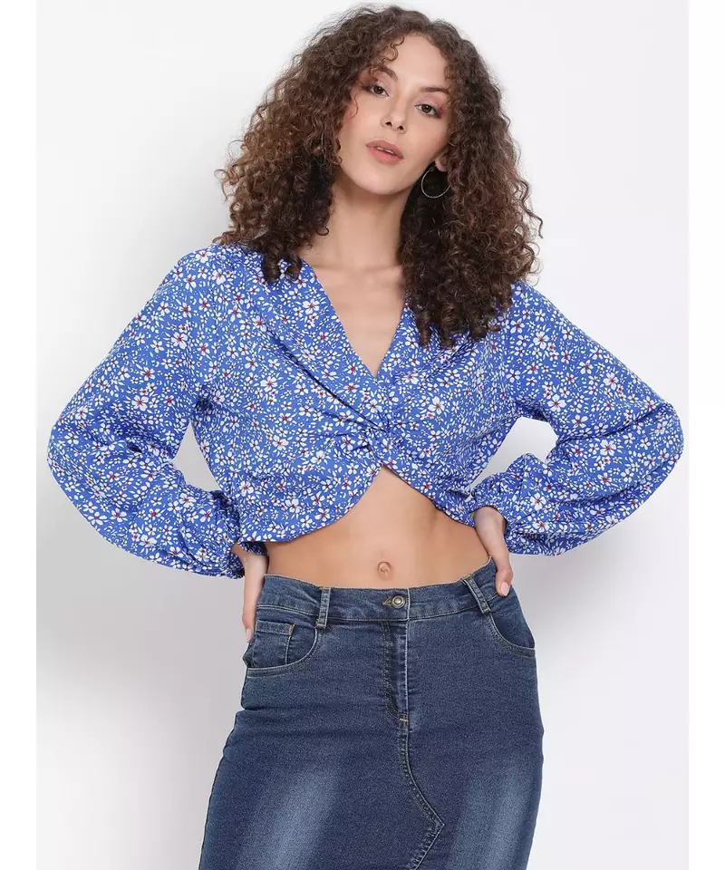 printed Blue Polyester   Top