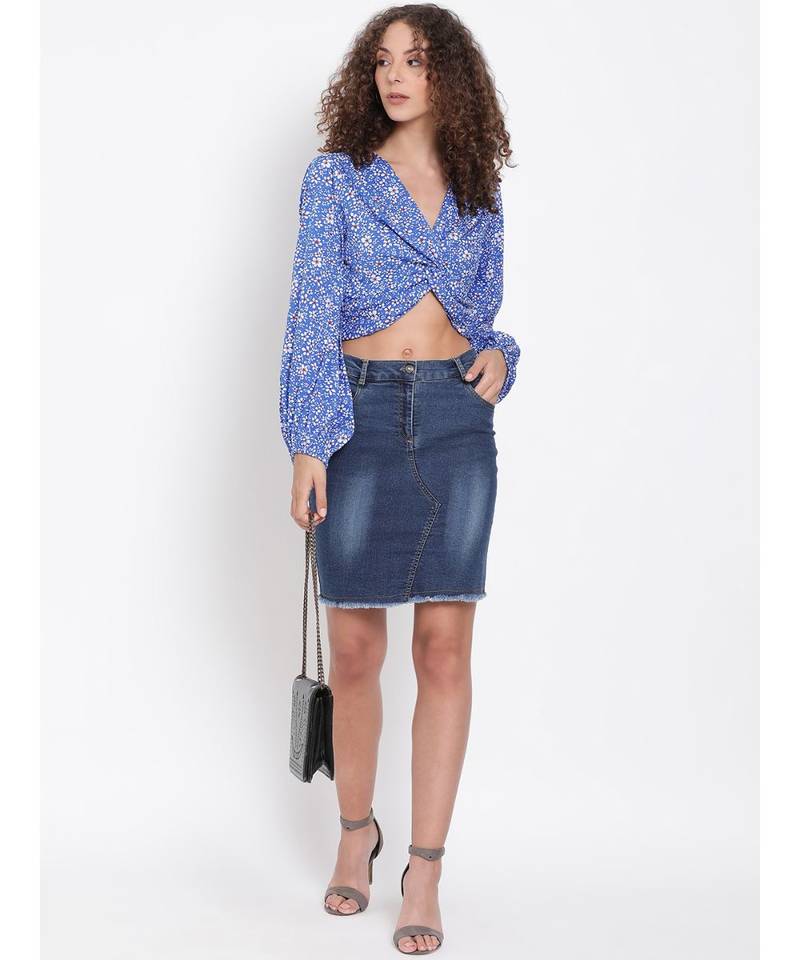 printed Blue Polyester   Top