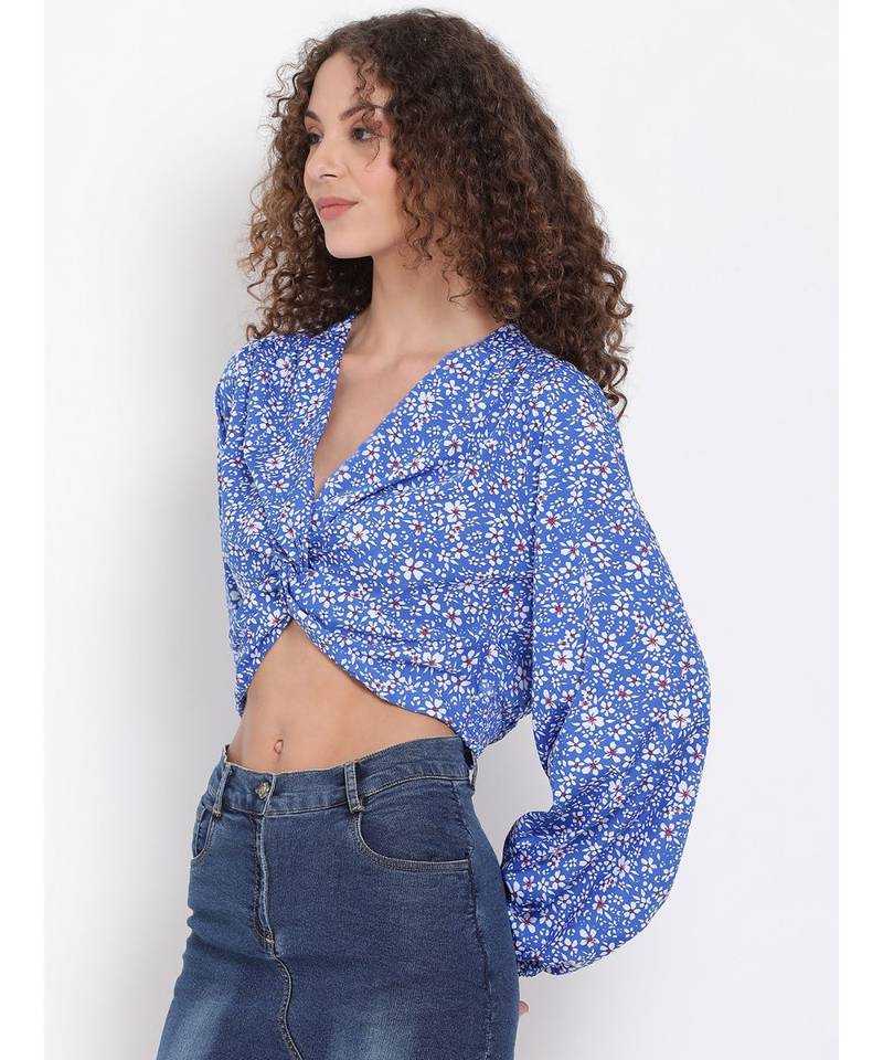 printed Blue Polyester   Top