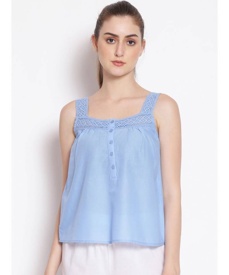 plain Blue Cotton   Nightwear Top