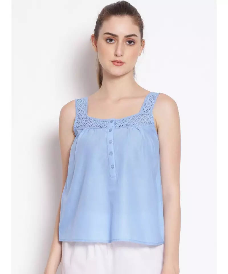 plain Blue Cotton   Nightwear Top