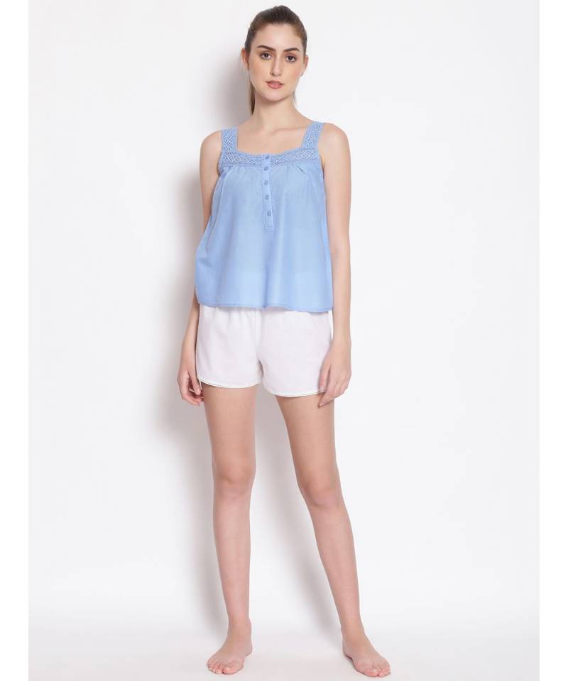 plain Blue Cotton   Nightwear Top
