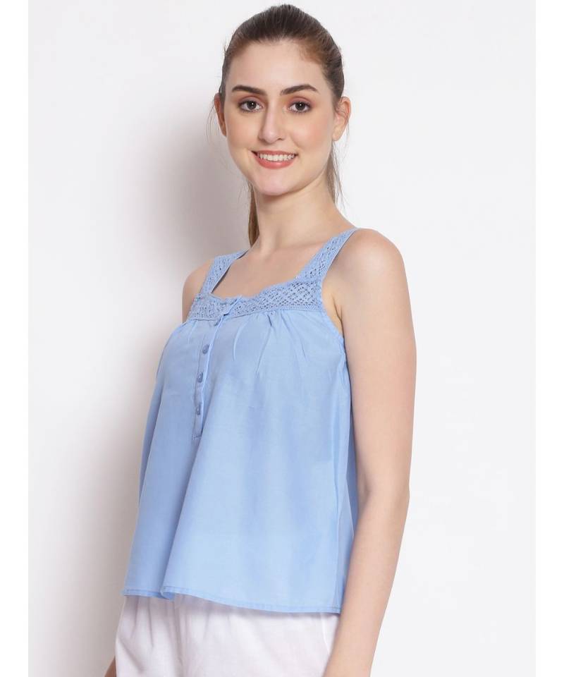 plain Blue Cotton   Nightwear Top