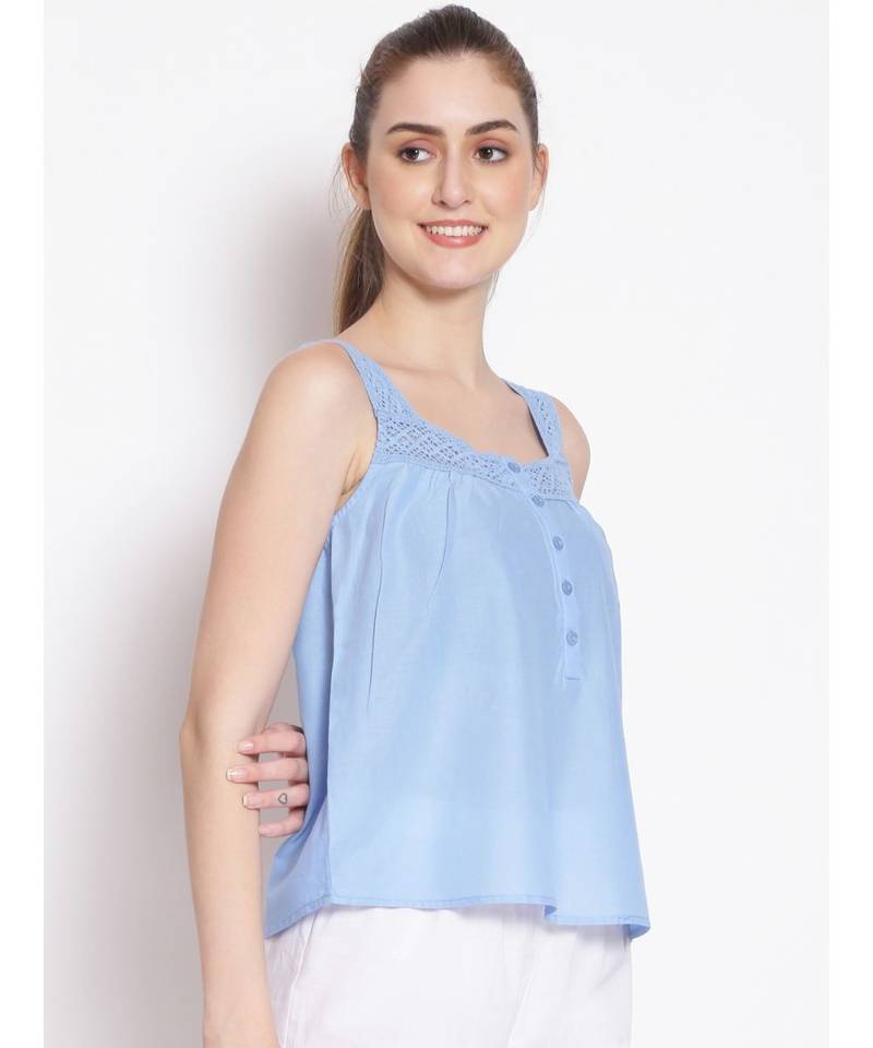 plain Blue Cotton   Nightwear Top