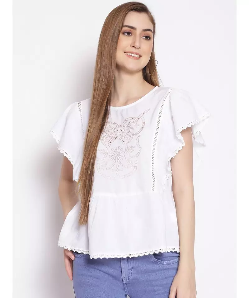 embroidered White Cotton   Top