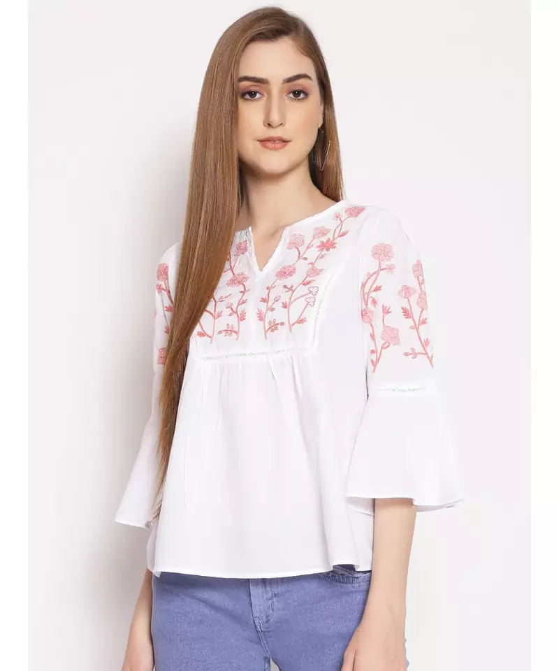 embroidered White Cotton   Top