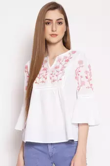 embroidered White Cotton   Top