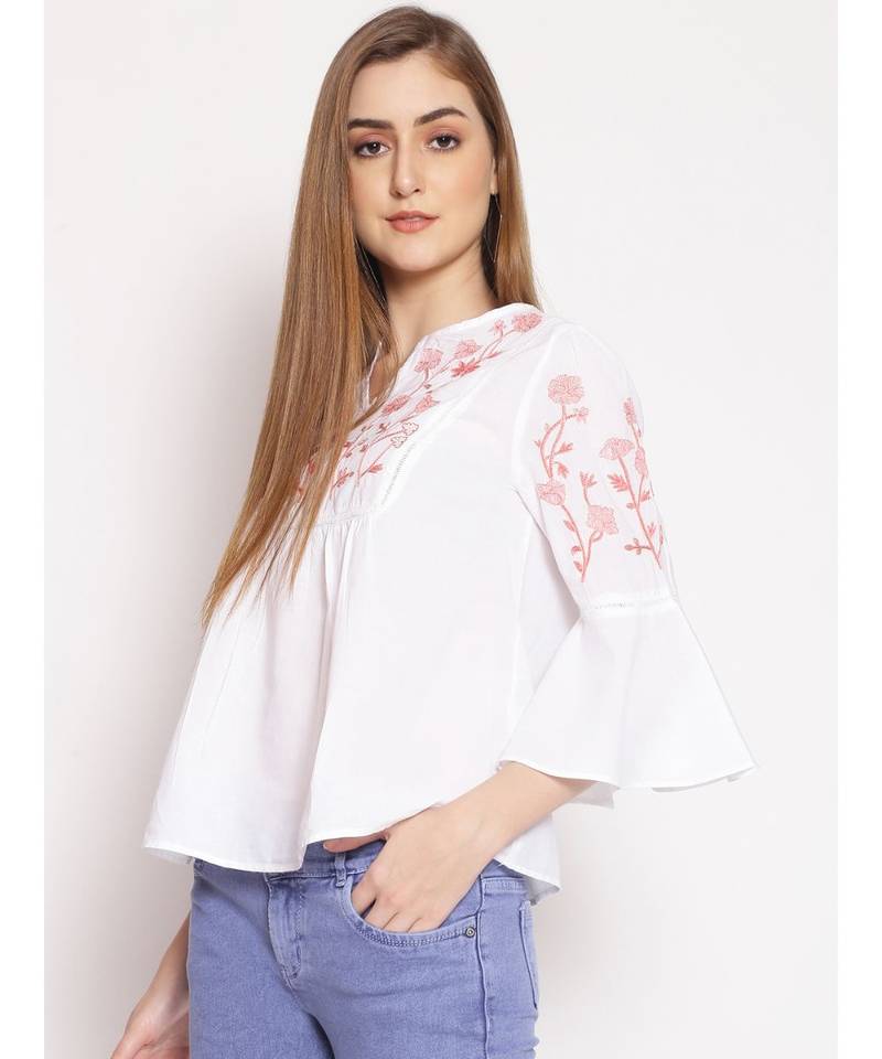 embroidered White Cotton   Top