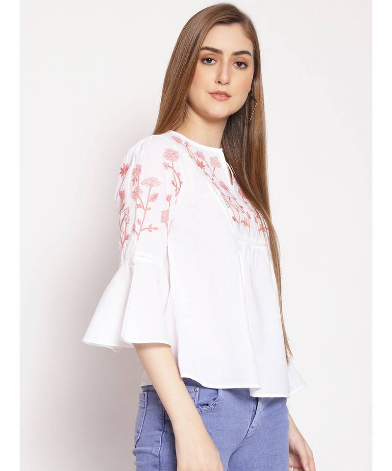 embroidered White Cotton   Top