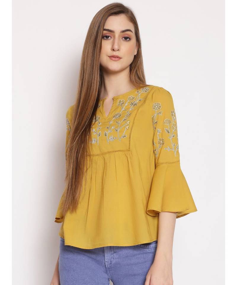 embroidered Yellow Cotton   Top