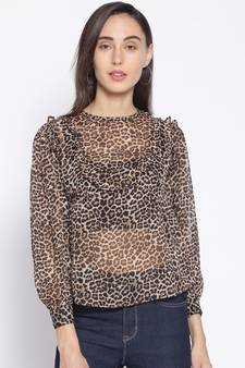 printed Brown Polyester   Top