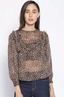 printed Brown Polyester   Top