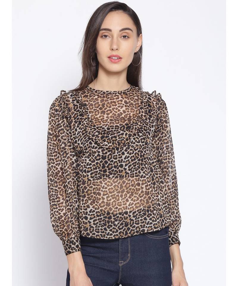 printed Brown Polyester   Top