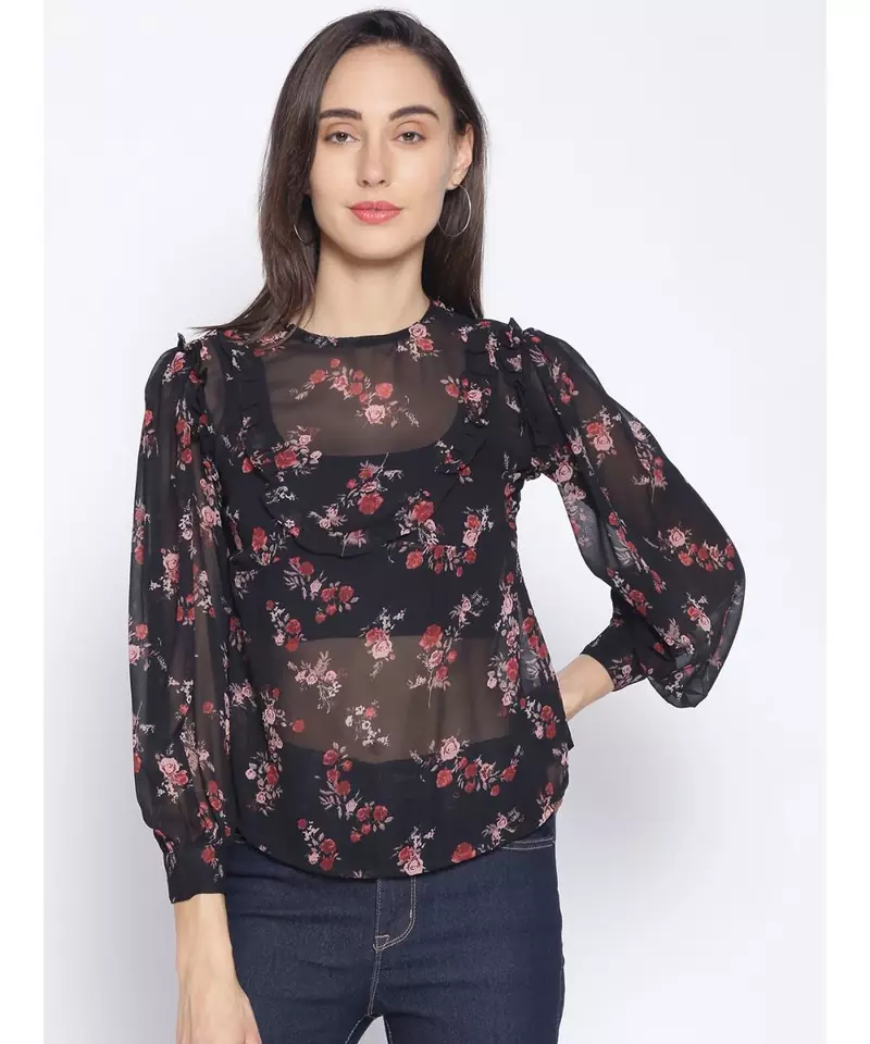 printed Black Polyester   Top