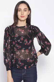 printed Black Polyester   Top