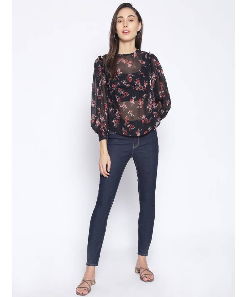 printed Black Polyester   Top