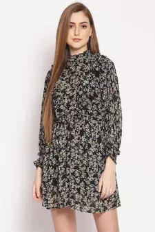 printed Black Polyester   Dress