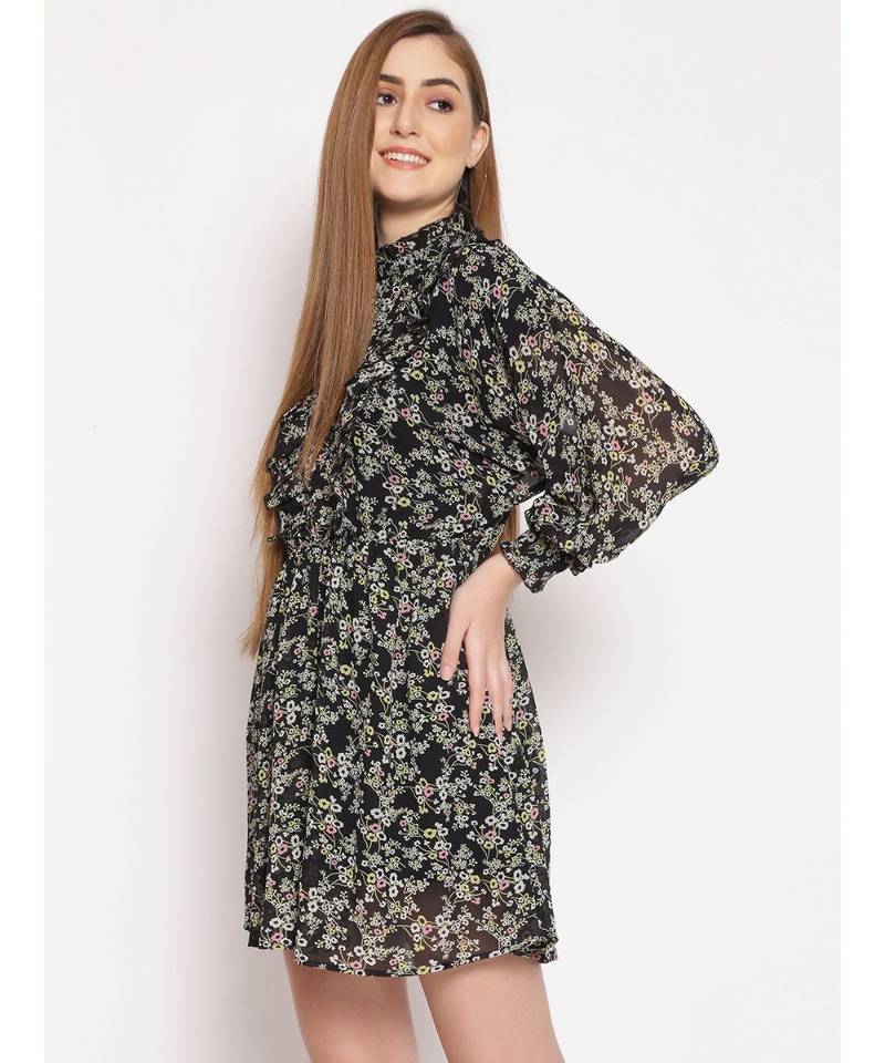 printed Black Polyester   Dress