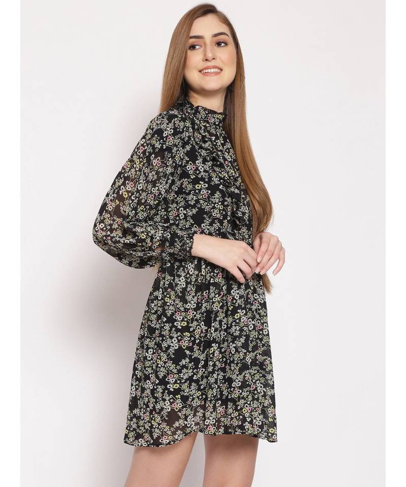 printed Black Polyester   Dress