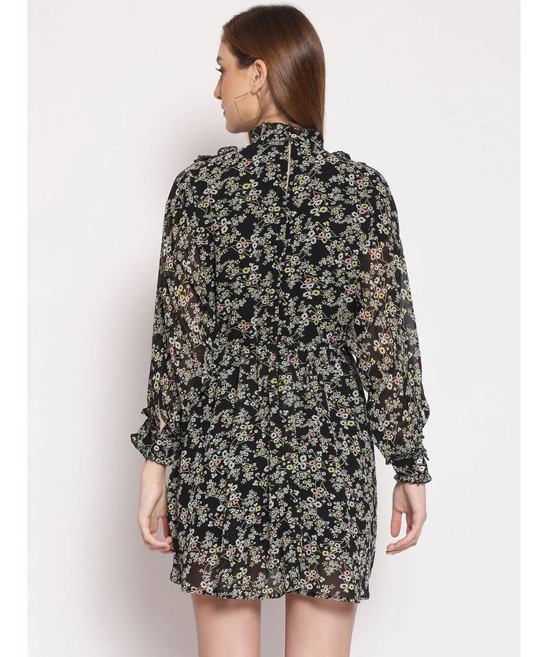 printed Black Polyester   Dress