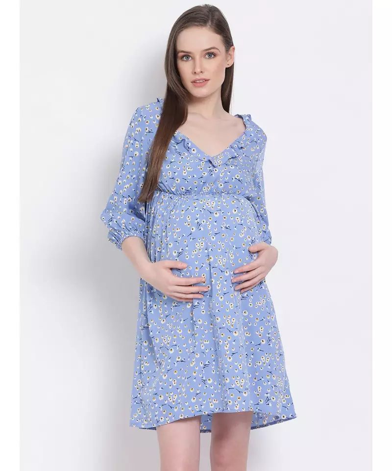 printed Blue Polyester   Dress