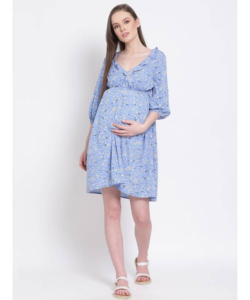 printed Blue Polyester   Dress
