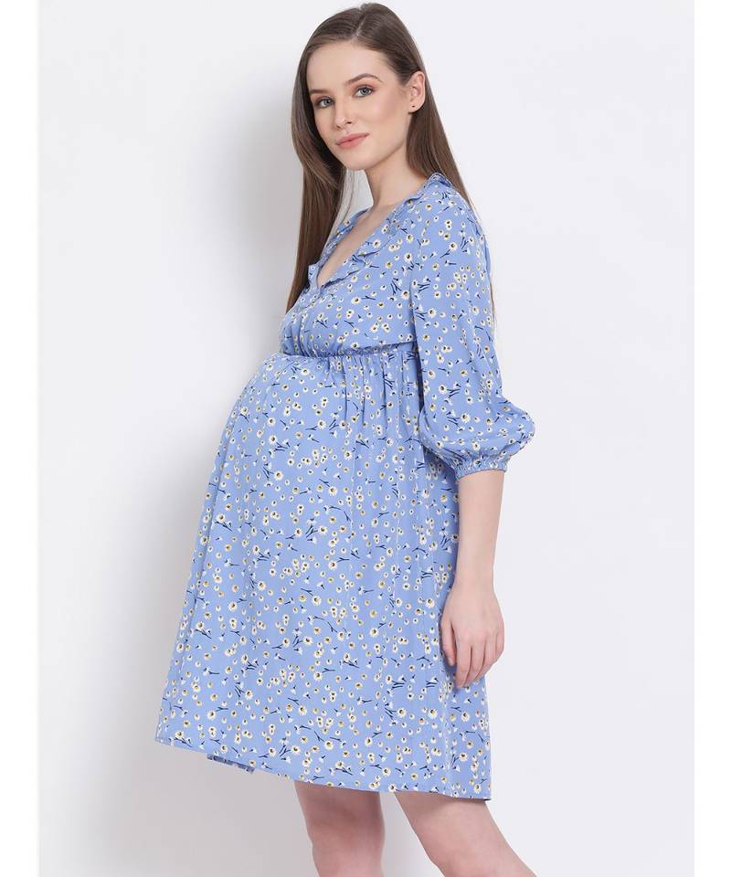 printed Blue Polyester   Dress