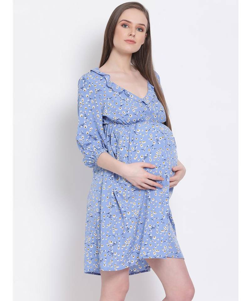 printed Blue Polyester   Dress