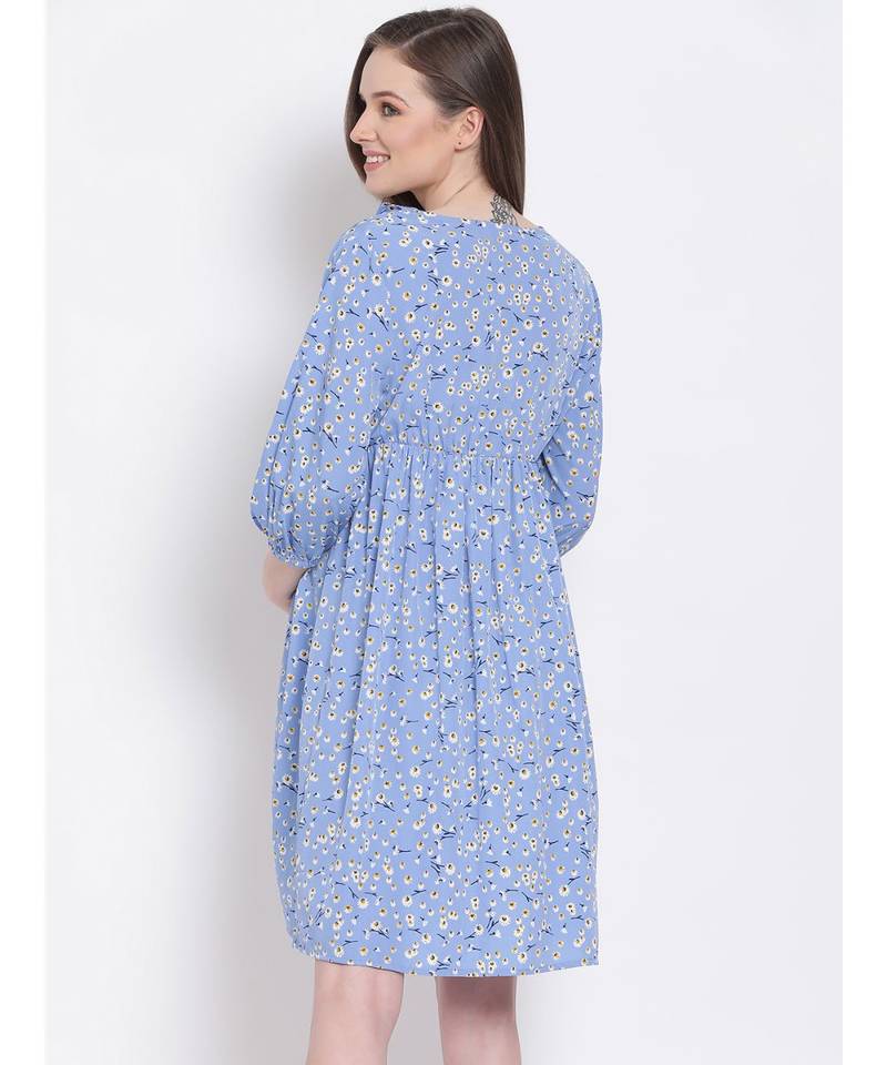 printed Blue Polyester   Dress