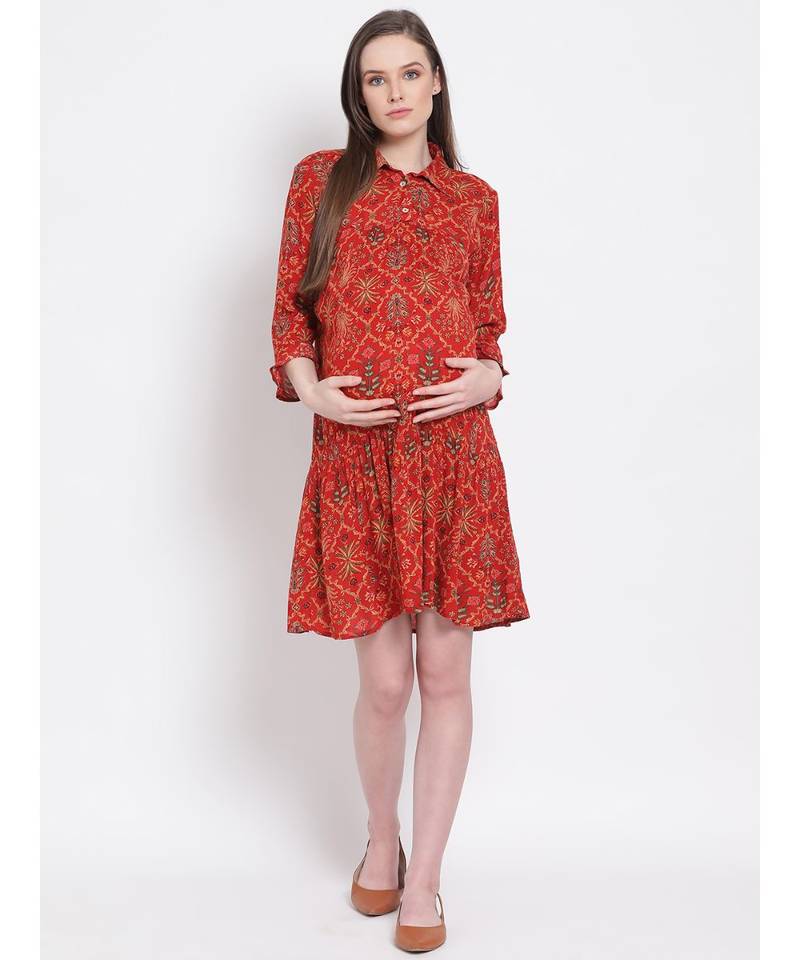 printed Red Viscose   Dress