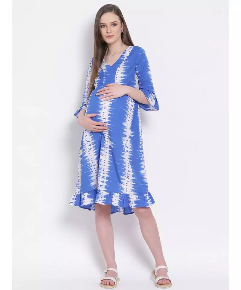 printed Blue Polyester   Dress
