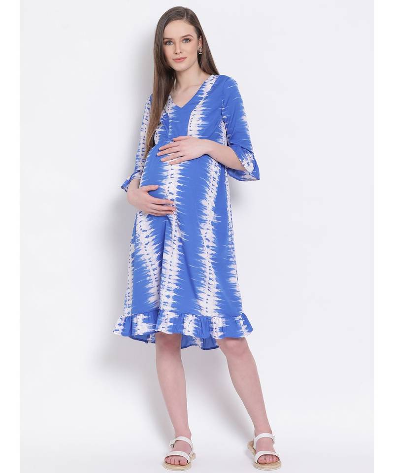 printed Blue Polyester   Dress