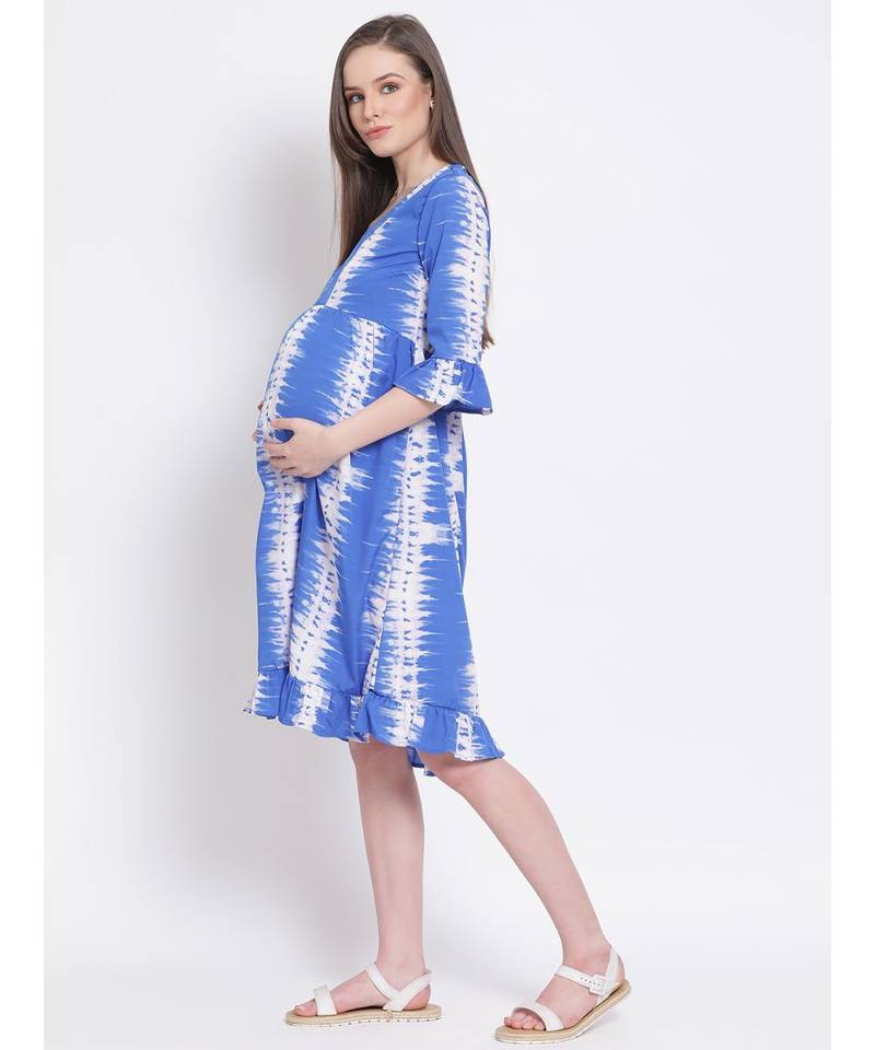 printed Blue Polyester   Dress