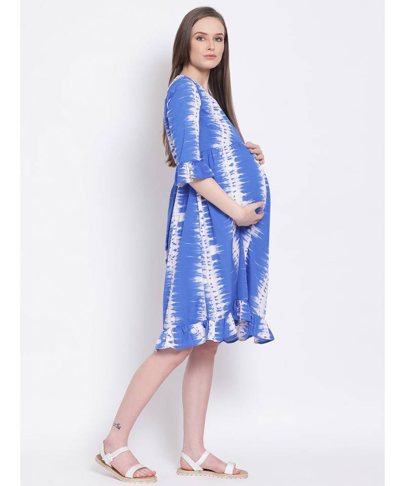 printed Blue Polyester   Dress