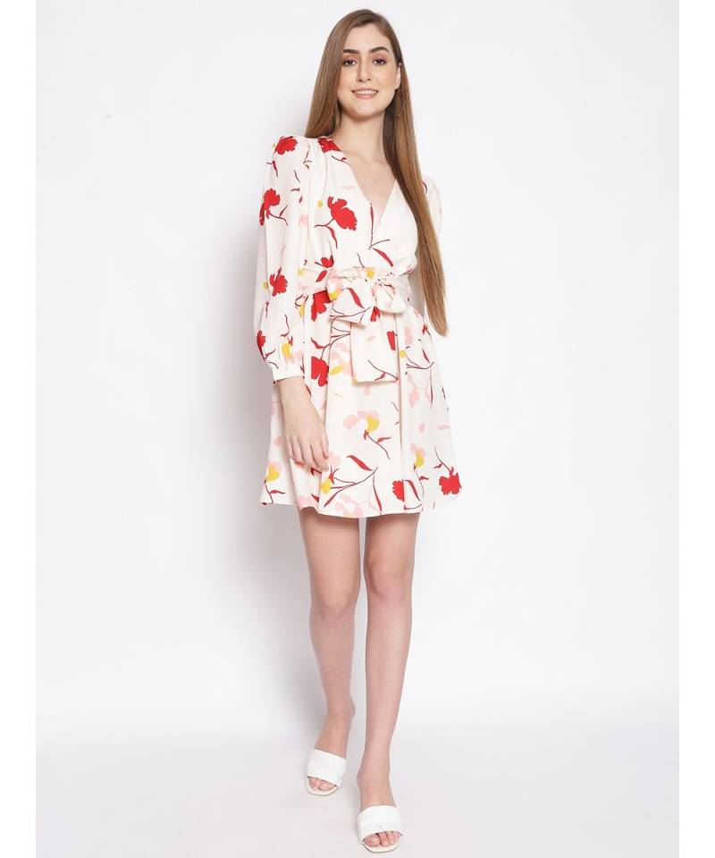 printed White Polyester   Dress