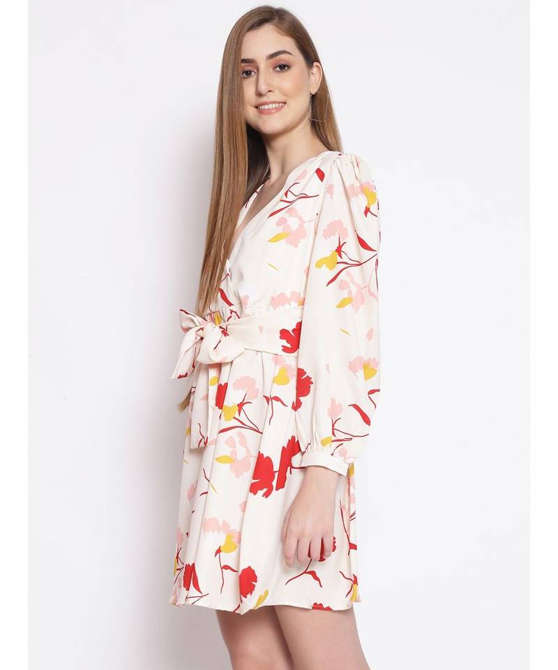 printed White Polyester   Dress