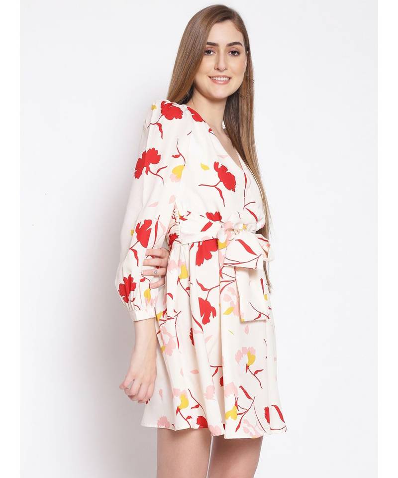 printed White Polyester   Dress