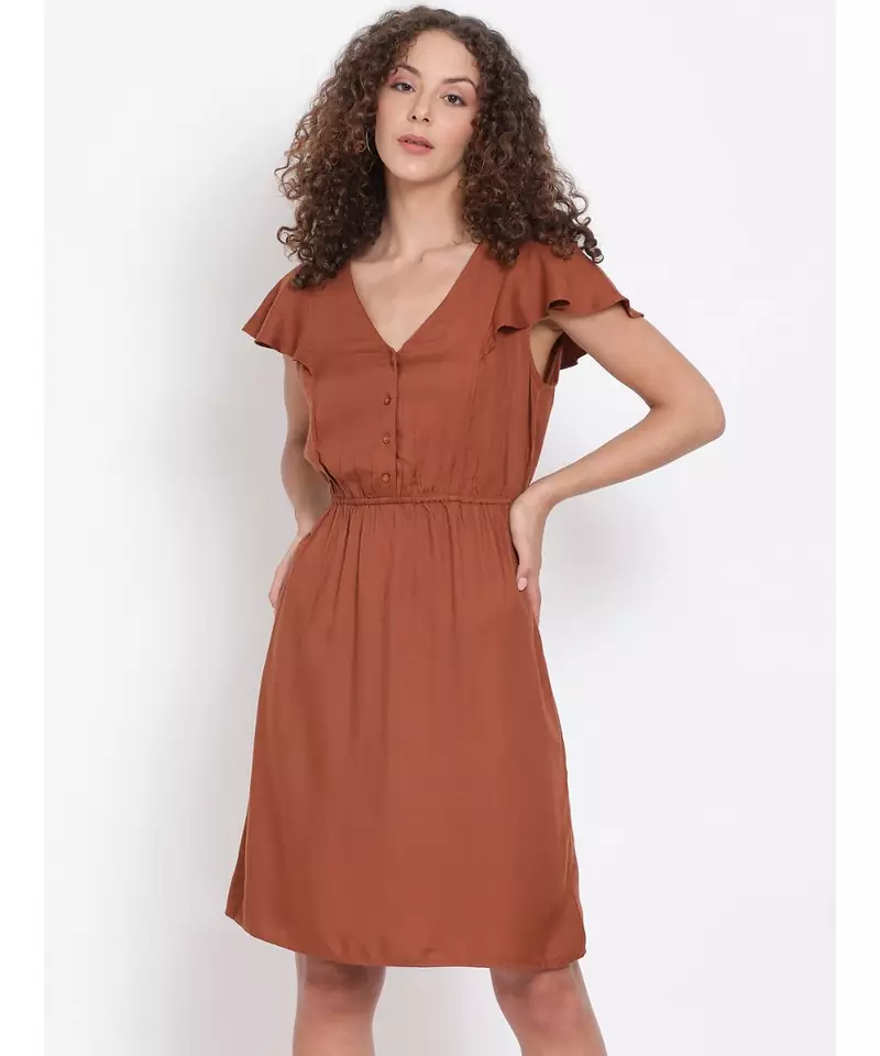 plain Brown Viscose   Dress