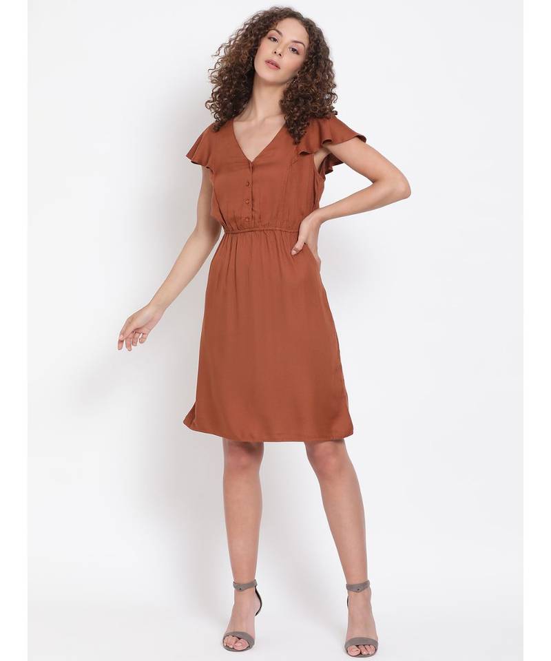 plain Brown Viscose   Dress