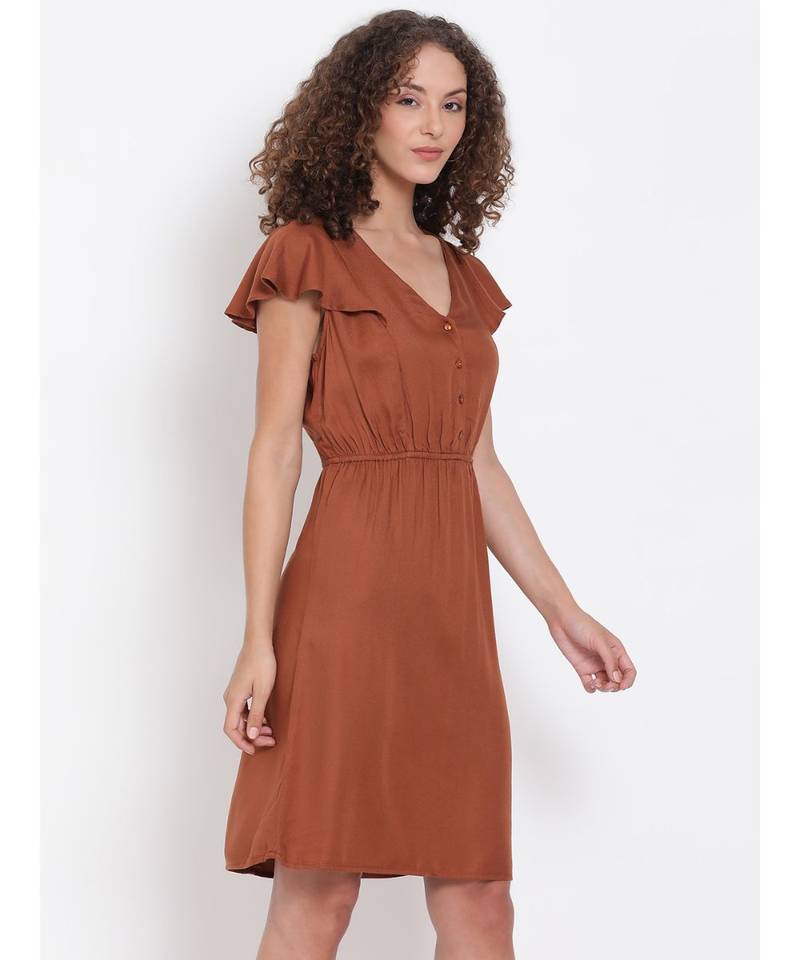 plain Brown Viscose   Dress