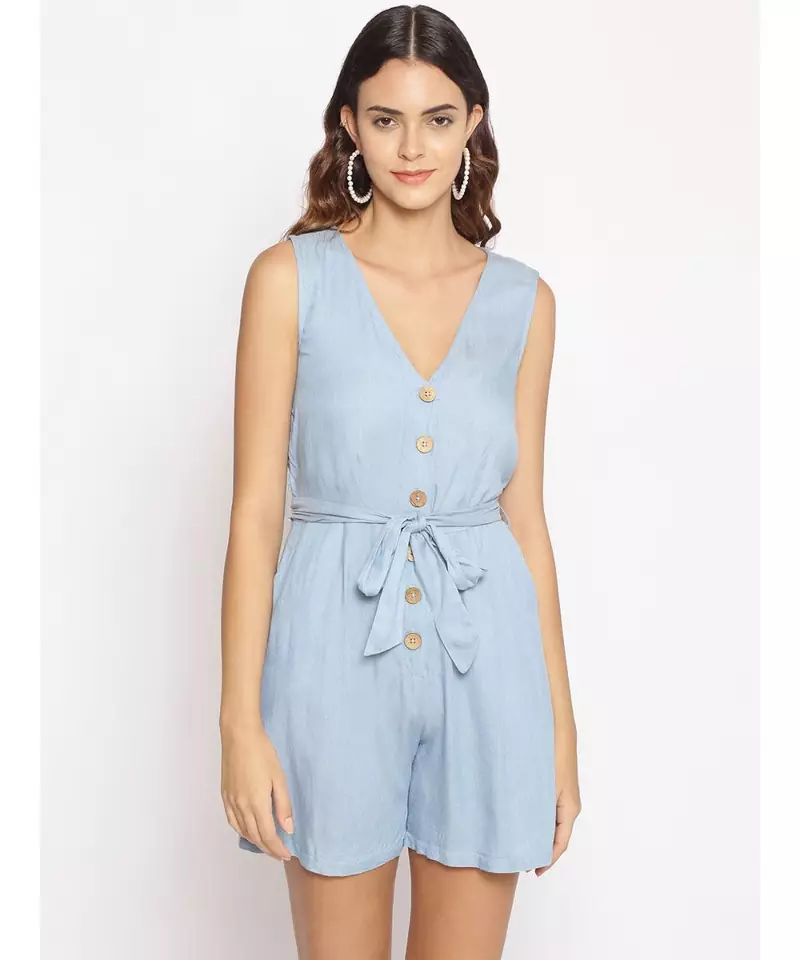 plain Blue Polyester   Jumpsuit