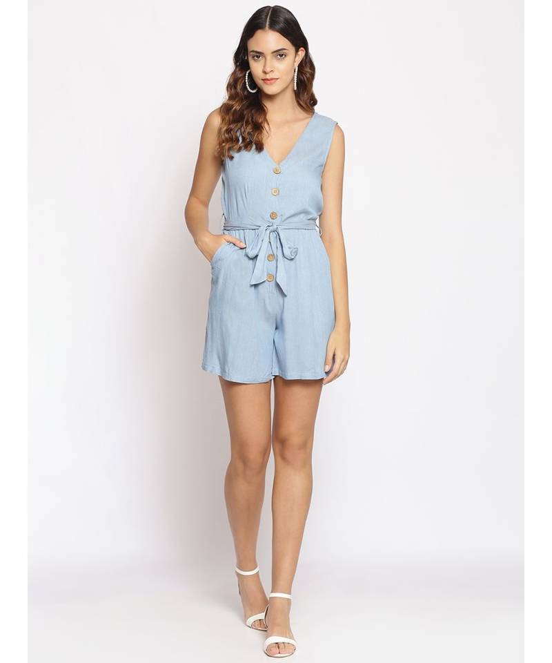 plain Blue Polyester   Jumpsuit