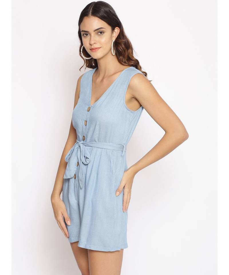 plain Blue Polyester   Jumpsuit