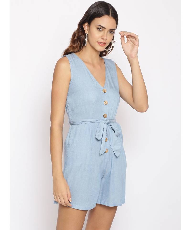 plain Blue Polyester   Jumpsuit