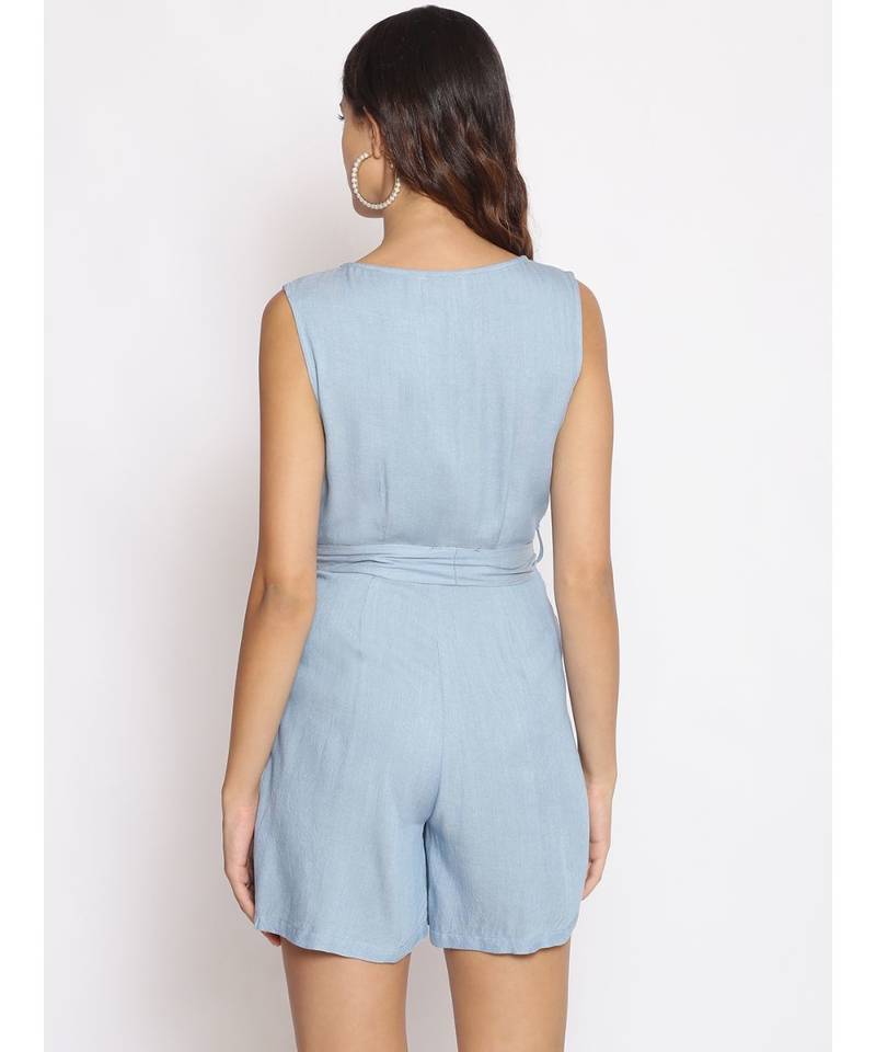 plain Blue Polyester   Jumpsuit