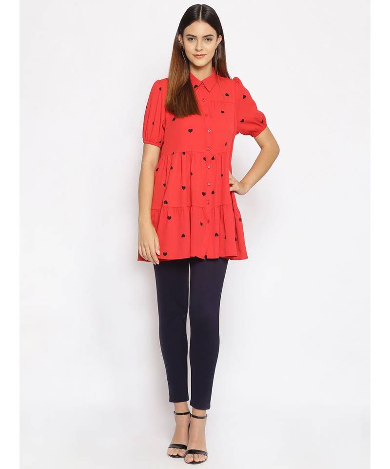 printed Red Viscose   Tunic