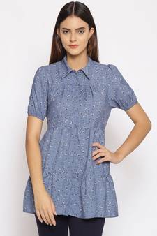 printed Blue Polyester   Tunic