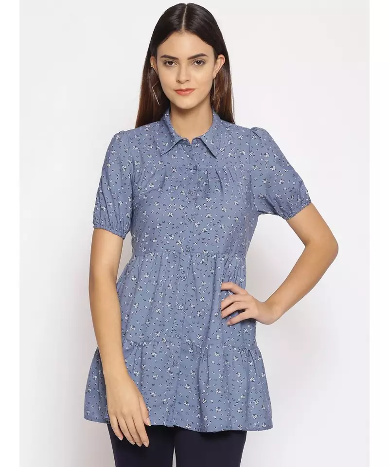 printed Blue Polyester   Tunic