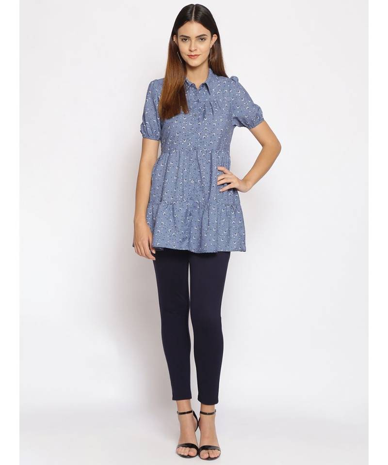 printed Blue Polyester   Tunic