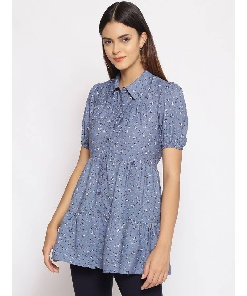 printed Blue Polyester   Tunic